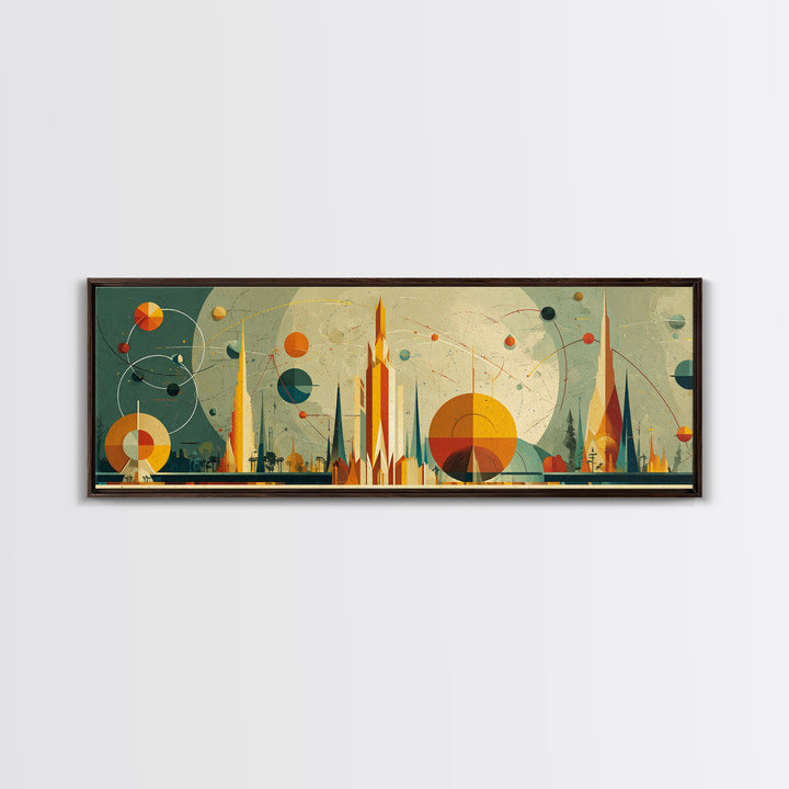 Atomic Future City Skyline Wall Art, Midcentury Modern Abstract Print, Retro Space Age Decor, Orange Blue Geometric Poster