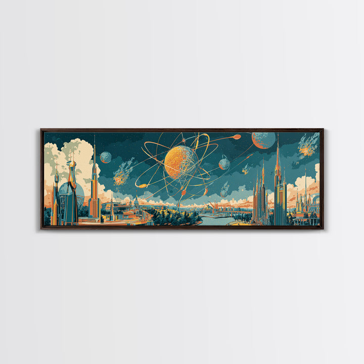 Retro Futuristic Space City Canvas Print, Atomic Planet Wall Art, Midcentury Modern Skyline Poster, Sci Fi Office Decor Gift