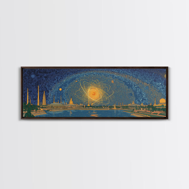 Golden Cosmic Skyline Wall Art, Midcentury Modern Abstract Print, Retro Space Age Poster, Blue Orange Living Room Home Decor