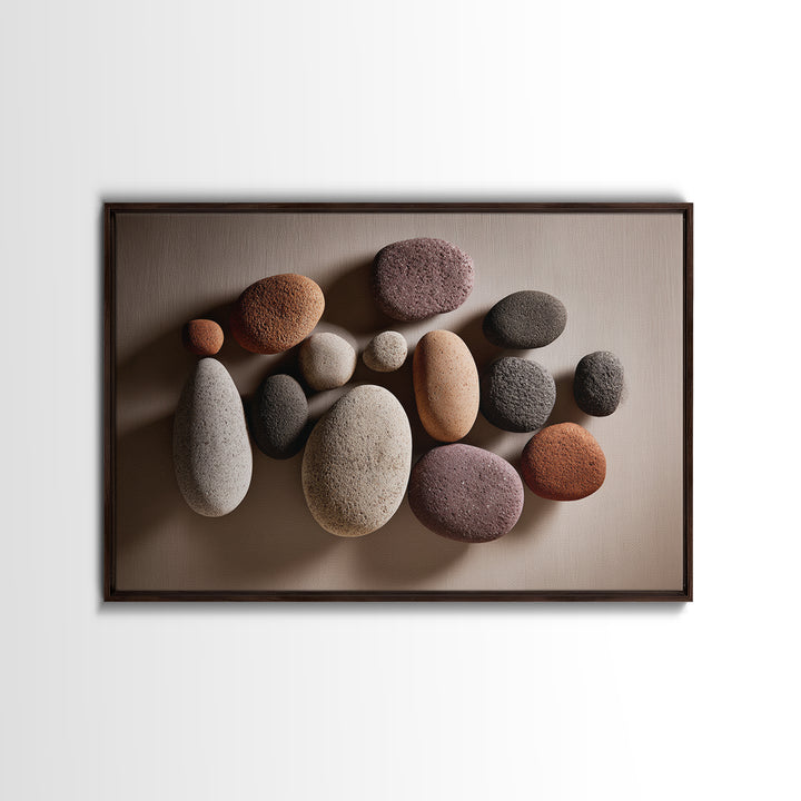 Neutral Pebble Stone Still Life Wall Art, Modern Minimalist Art Print, Nature Home Decor, Earth Tone Framed Canvas Print