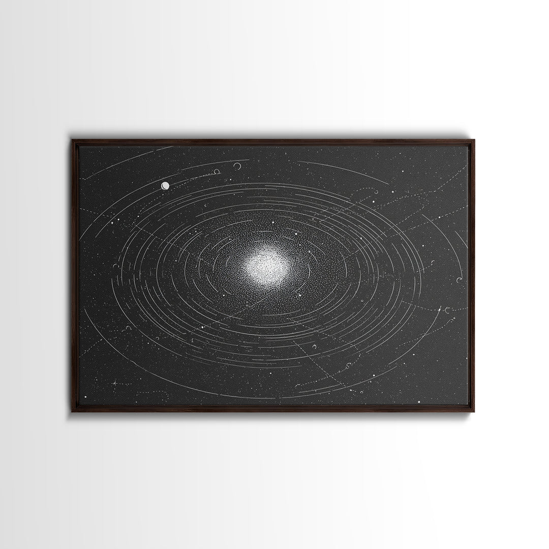 Black White Orbiting Galaxy Starfield Canvas Print, Modern Abstract Wall Art, Space Retro Geometric Poster, Cosmic Home Decor