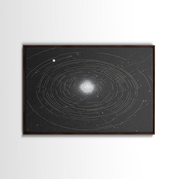 Black White Orbiting Galaxy Starfield Canvas Print, Modern Abstract Wall Art, Space Retro Geometric Poster, Cosmic Home Decor