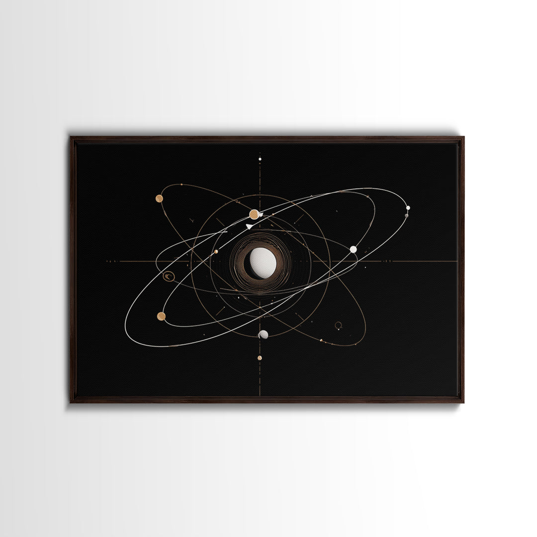Gold Atomic Orbit Diagram Wall Art, Midcentury Modern Space Abstract Art, Geometric Black Home Wall Decor, MCM Canvas Print