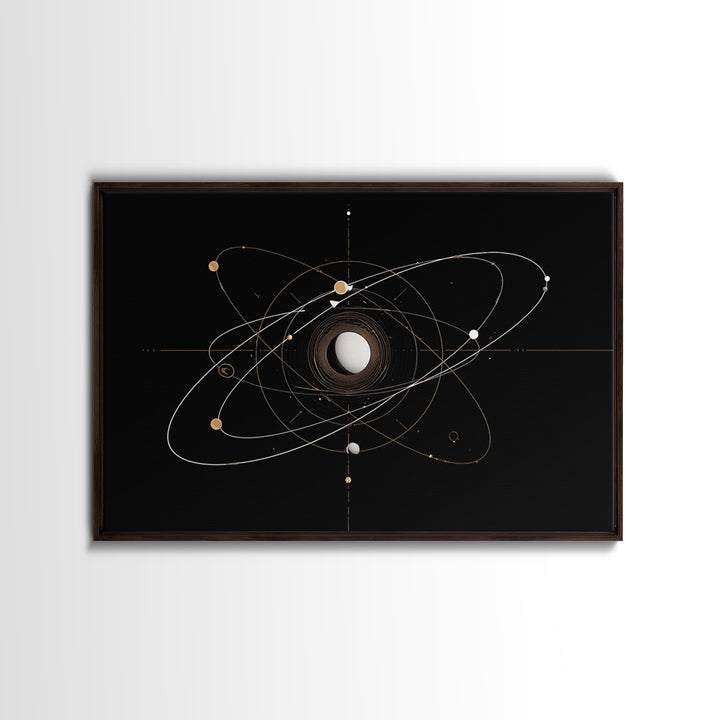 Gold Atomic Orbit Diagram Wall Art, Midcentury Modern Space Abstract Art, Geometric Black Home Wall Decor, MCM Canvas Print