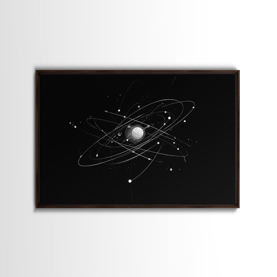 Silver Atomic Orbit Lines Wall Art, Modern Abstract Space Poster, Black And White Geometric Decor, Midcentury Canvas Print