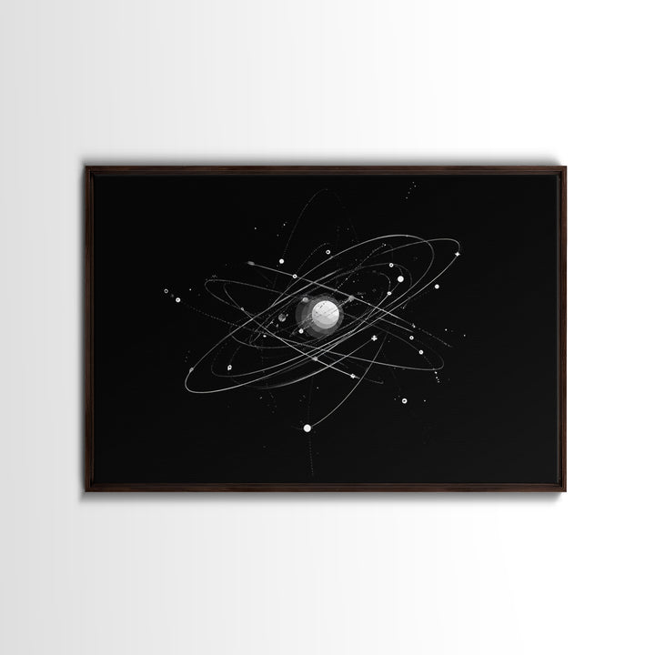 Silver Atomic Orbit Lines Wall Art, Modern Abstract Space Poster, Black And White Geometric Decor, Midcentury Canvas Print