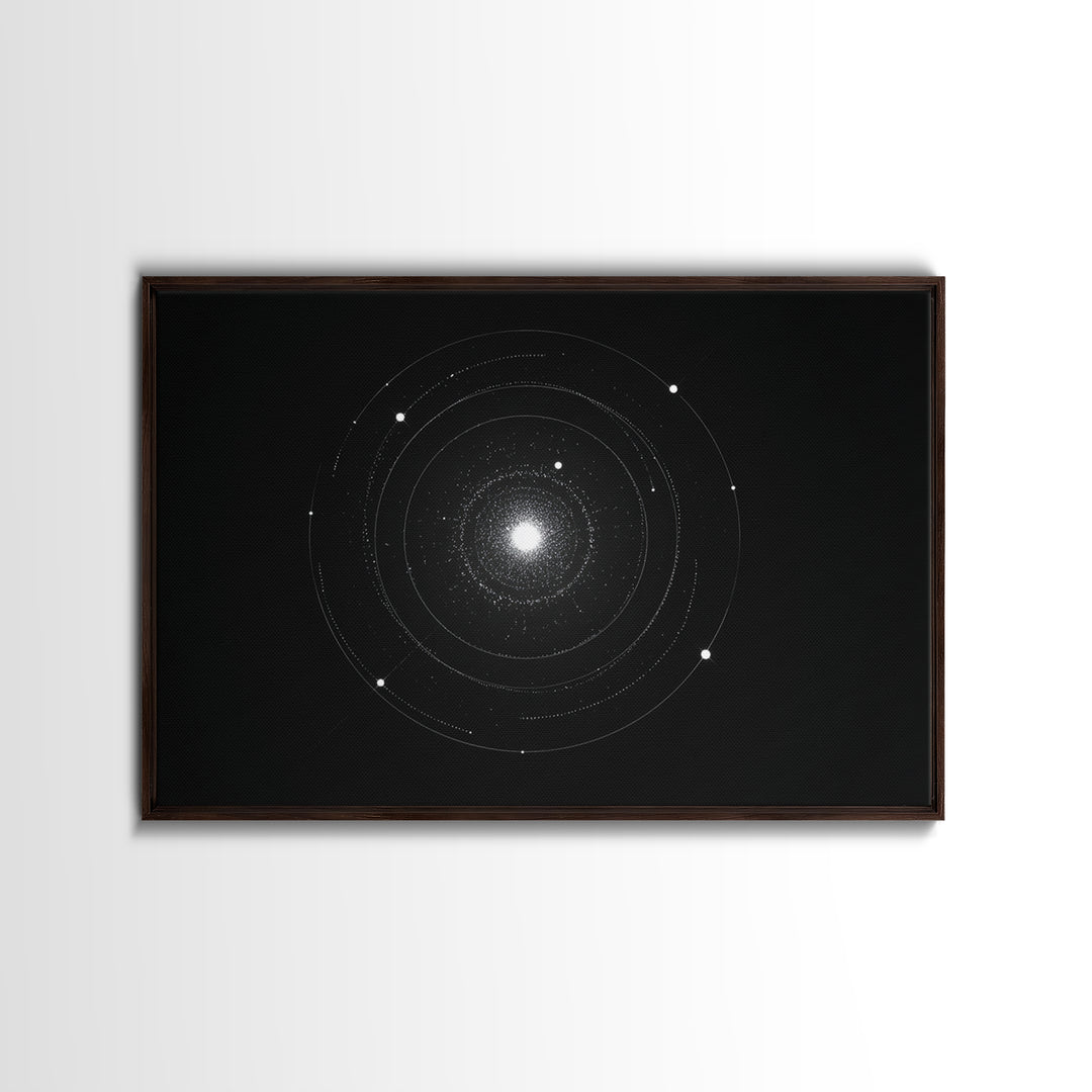 Minimal Solar System Orbit Wall Art, Black And White Space Abstract Art, Modern Geometric Poster Decor, Framed Canvas Print