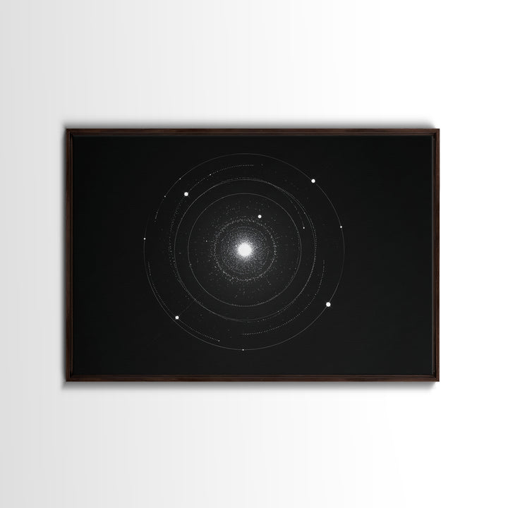Minimal Solar System Orbit Wall Art, Black And White Space Abstract Art, Modern Geometric Poster Decor, Framed Canvas Print