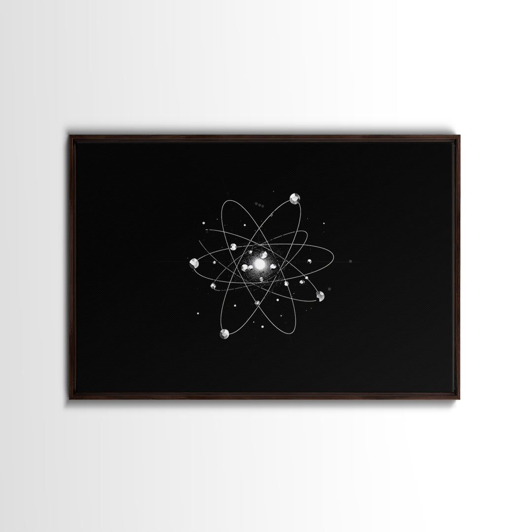 Bright Atomic Nucleus Orbit Wall Art, Black And White Modern Art Print, Geometric Space Decor Poster, Midcentury Canvas Print