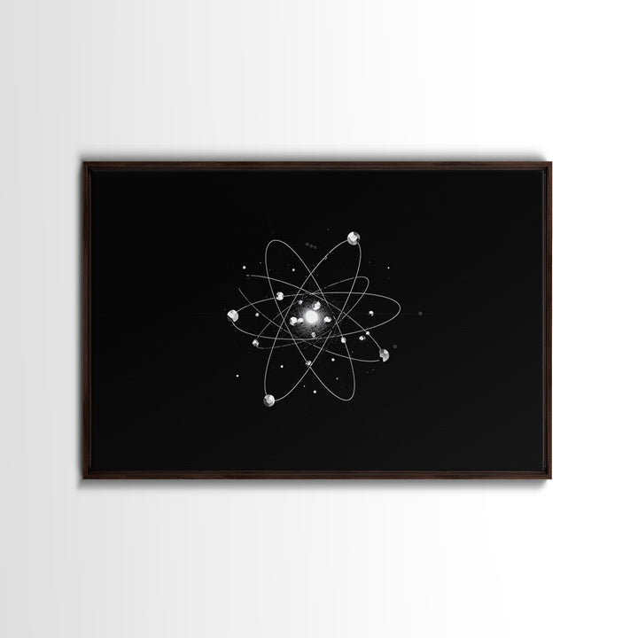 Bright Atomic Nucleus Orbit Wall Art, Black And White Modern Art Print, Geometric Space Decor Poster, Midcentury Canvas Print