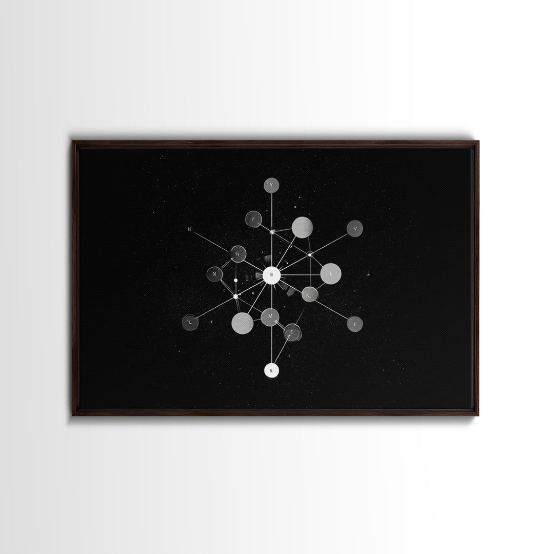 Scientific Molecular Network Wall Art, Black And White Modern Abstract Art, Geometric Science Decor, Framed Canvas Print