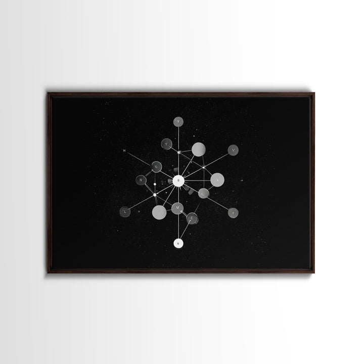 Scientific Molecular Network Wall Art, Black And White Modern Abstract Art, Geometric Science Decor, Framed Canvas Print