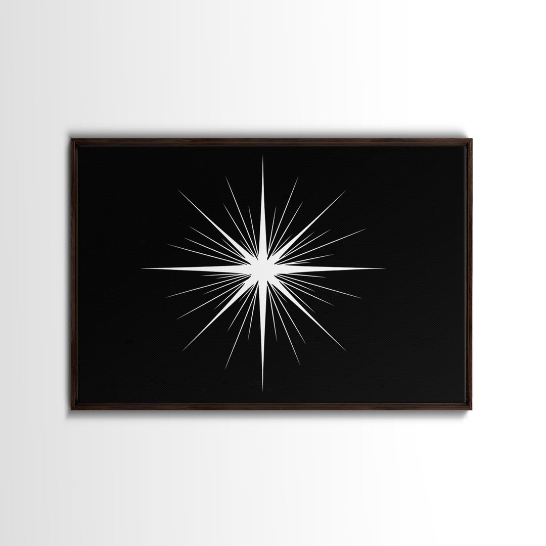 Sharp White Starburst Wall Art, Midcentury Atomic Art Print, Black Minimalist Modern Poster Decor, Geometric Canvas Print