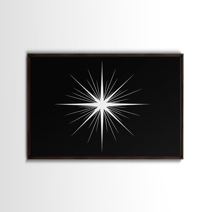 Sharp White Starburst Wall Art, Midcentury Atomic Art Print, Black Minimalist Modern Poster Decor, Geometric Canvas Print