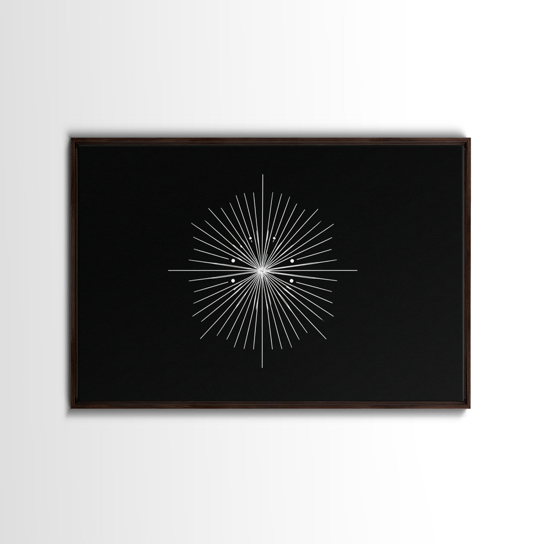 Radial Atomic Star Compass Wall Art, Black And White Midcentury Art Print, Minimalist Geometric Modern Decor, Canvas Print