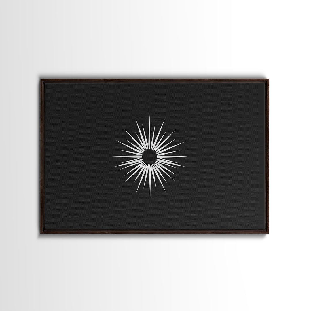 White Sunburst Eclipse Wall Art, Minimalist Black Modern Art Print, Midcentury Atomic Geometric Decor, Framed Canvas Print