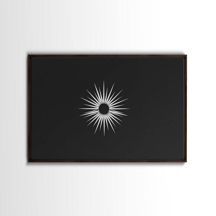 White Sunburst Eclipse Wall Art, Minimalist Black Modern Art Print, Midcentury Atomic Geometric Decor, Framed Canvas Print