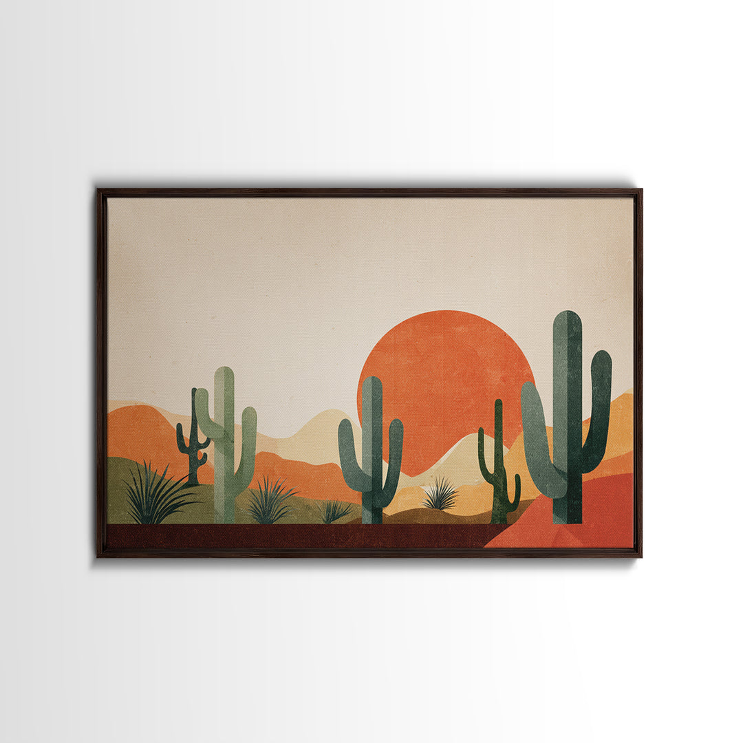 Orange Sun Cactus Desert Wall Art, Midcentury Modern Art Print, Southwestern Landscape Poster, Boho Retro Home Decor, MCM Decor