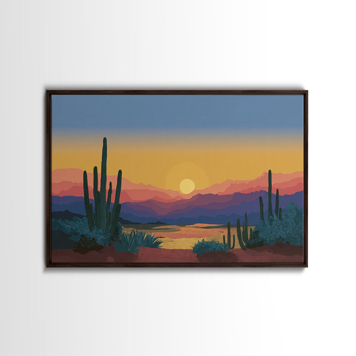 Blue Gold Desert Sunset Wall Art, Saguaro Cactus Landscape Print, Midcentury Modern Art Poster, Southwestern Home Decor, MCM Decor