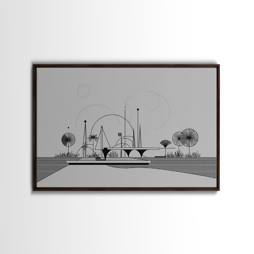 Black White Architectural Line Wall Art, Midcentury Modern Abstract Print, Atomic Ranch Landscape, Minimalist Home Decor
