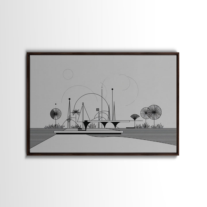 Black White Architectural Line Wall Art, Midcentury Modern Abstract Print, Atomic Ranch Landscape, Minimalist Home Decor