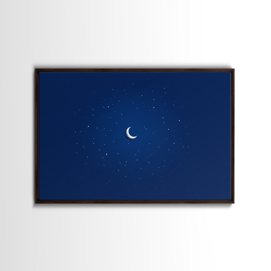 Minimal Crescent Moon Stars Wall Art, Deep Blue Night Sky Print, Modern Celestial Poster, Nursery Bedroom Wall Decor, Kids Room Decor