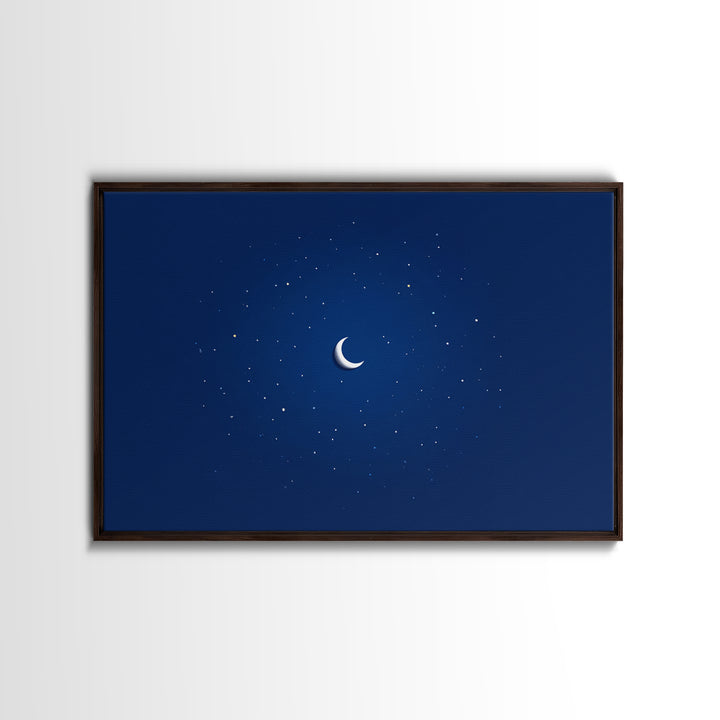 Minimal Crescent Moon Stars Wall Art, Deep Blue Night Sky Print, Modern Celestial Poster, Nursery Bedroom Wall Decor, Kids Room Decor