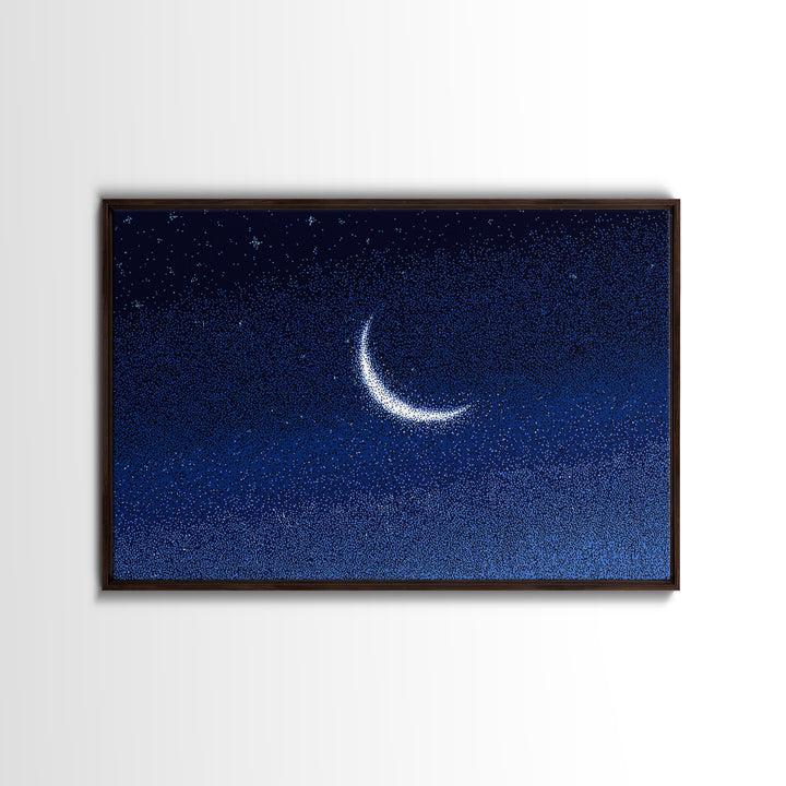 Glowing Crescent Moon Starry Sky Canvas Print, Blue Celestial Wall Art, Modern Night Poster, Minimalist Bedroom Decor, Nursery Decor