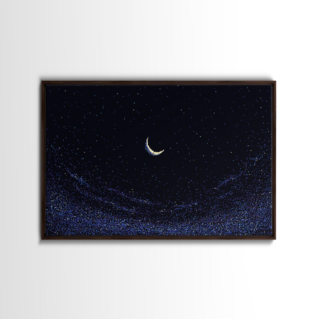 Crescent Moon Starry Night Wall Art, Pixel Sky Landscape, Blue Celestial Poster, Retro Modern Decor, Bedroom Print Gift Idea