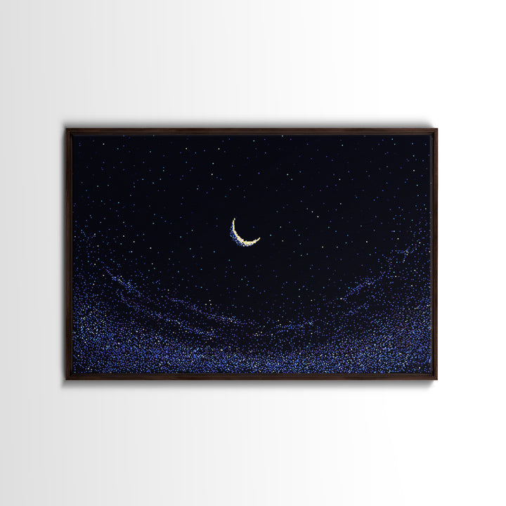 Crescent Moon Starry Night Wall Art, Pixel Sky Landscape, Blue Celestial Poster, Retro Modern Decor, Bedroom Print Gift Idea