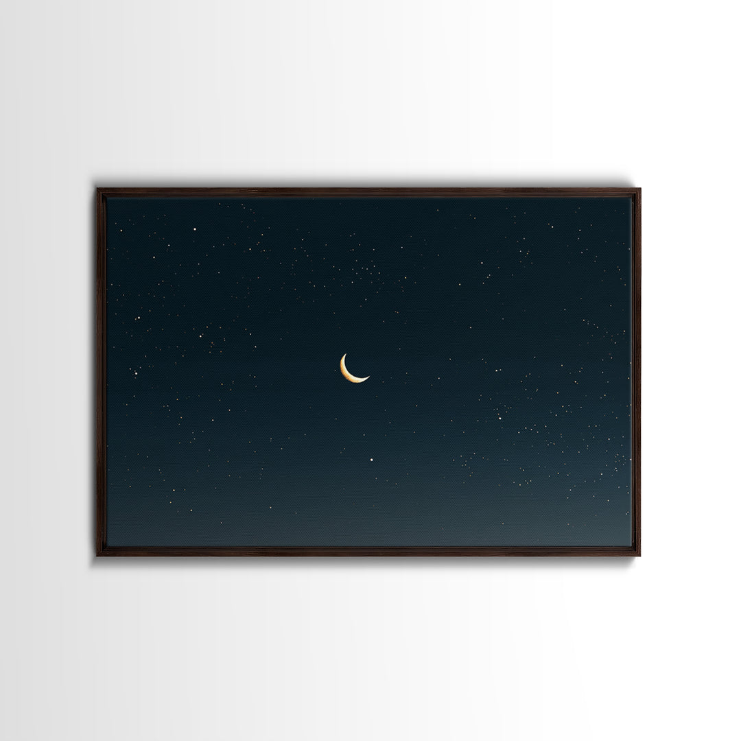 Minimal Crescent Moon Canvas Print, Teal Starry Sky, Celestial Night Landscape, Modern Wall Decor, Bedroom Poster Gift Idea