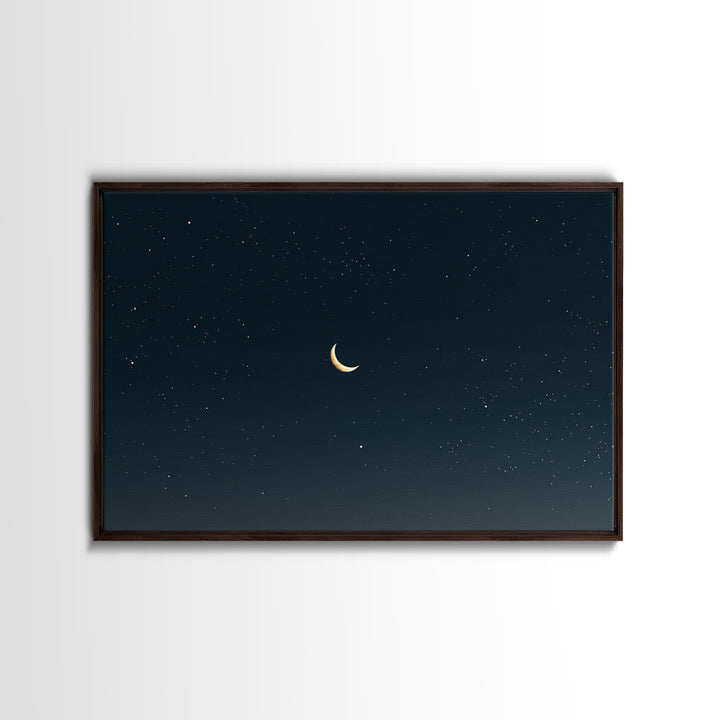 Minimal Crescent Moon Canvas Print, Teal Starry Sky, Celestial Night Landscape, Modern Wall Decor, Bedroom Poster Gift Idea