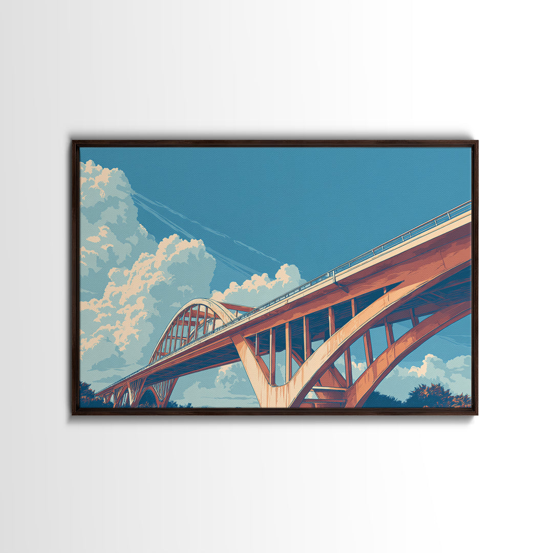 Sunlit Arch Bridge Framed Canvas Print, Modern Architecture Wall Art, Blue Sky Cloudscape, Travel Poster, Office Decor Gift Idea