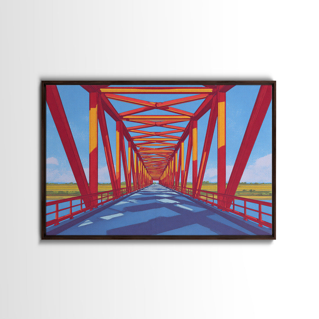 Red Truss Bridge Perspective Wall Art, Geometric Architecture Canvas Print, Bold Modern Decor, Office Poster, Travel Gift