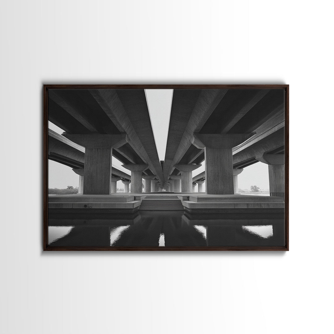Black And White Overpass Framed Canvas Print, Urban Architecture Wall Art, Minimalist Modern Office Decor, Large Poster Gift
