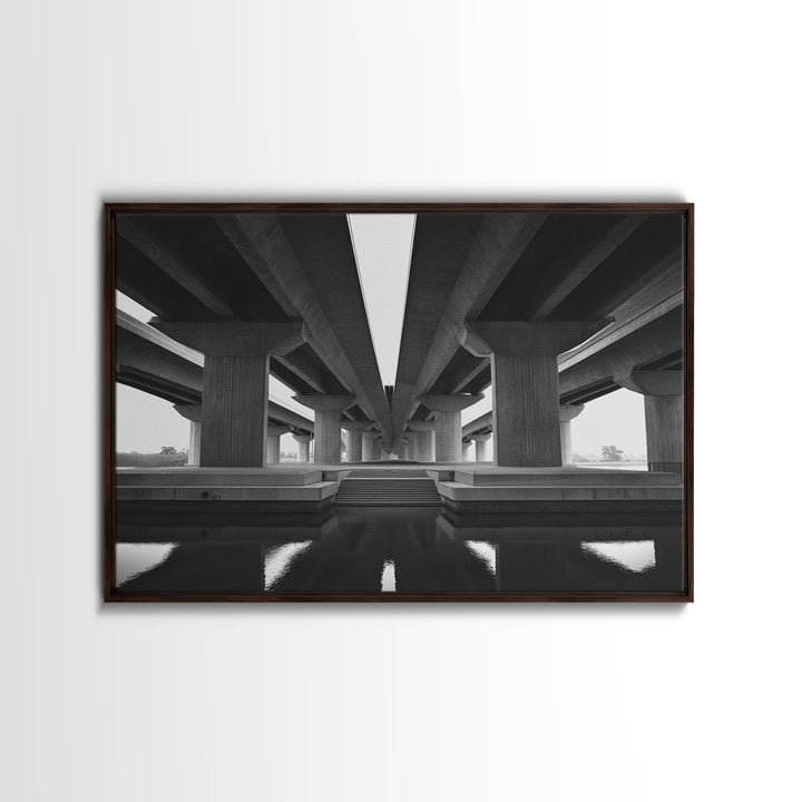 Black And White Overpass Framed Canvas Print, Urban Architecture Wall Art, Minimalist Modern Office Decor, Large Poster Gift