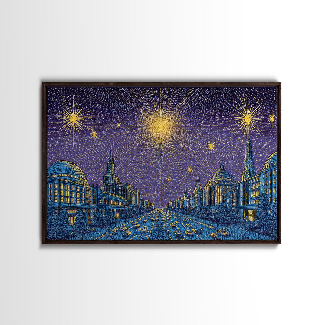 Golden Fireworks Over Retro City Skyline Wall Art, Mid Century Modern Poster, Blue Urban Landscape, Office Decor Print Gift