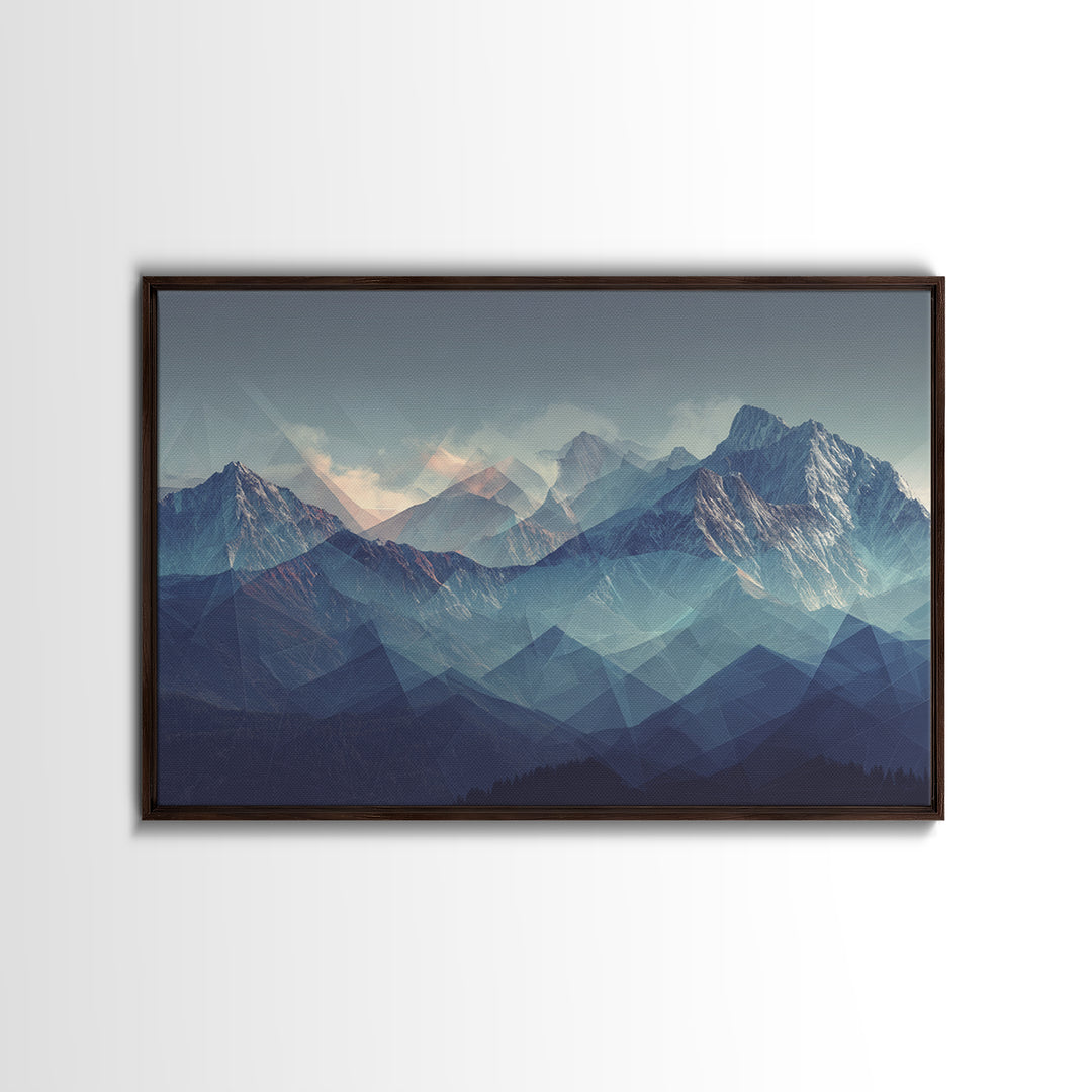 Misty Blue Polygon Mountain Vista Wall Art, Modern Abstract Landscape Print, Scandinavian Modern Decor, Bedroom Art Print