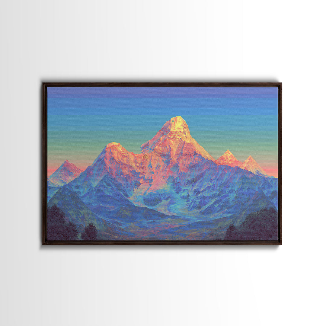 Pastel Himalayan Mountain Glow Canvas Print, Colorful Mid Century Modern Wall Art, Sunrise Landscape, Living Room Decor Print
