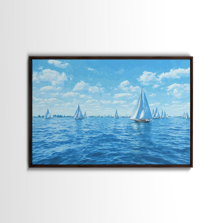 Blue Sailboats On Sparkling Summer Sea Wall Art, Coastal Modern Art Print, Nautical Decor, Beach House Living Room Poster