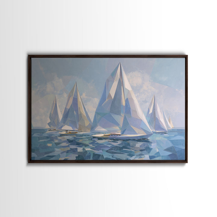 Crystal White Sailboats On Abstract Sea Framed Canvas Print, Modern Coastal Wall Art, Geometric Nautical Living Room Decor