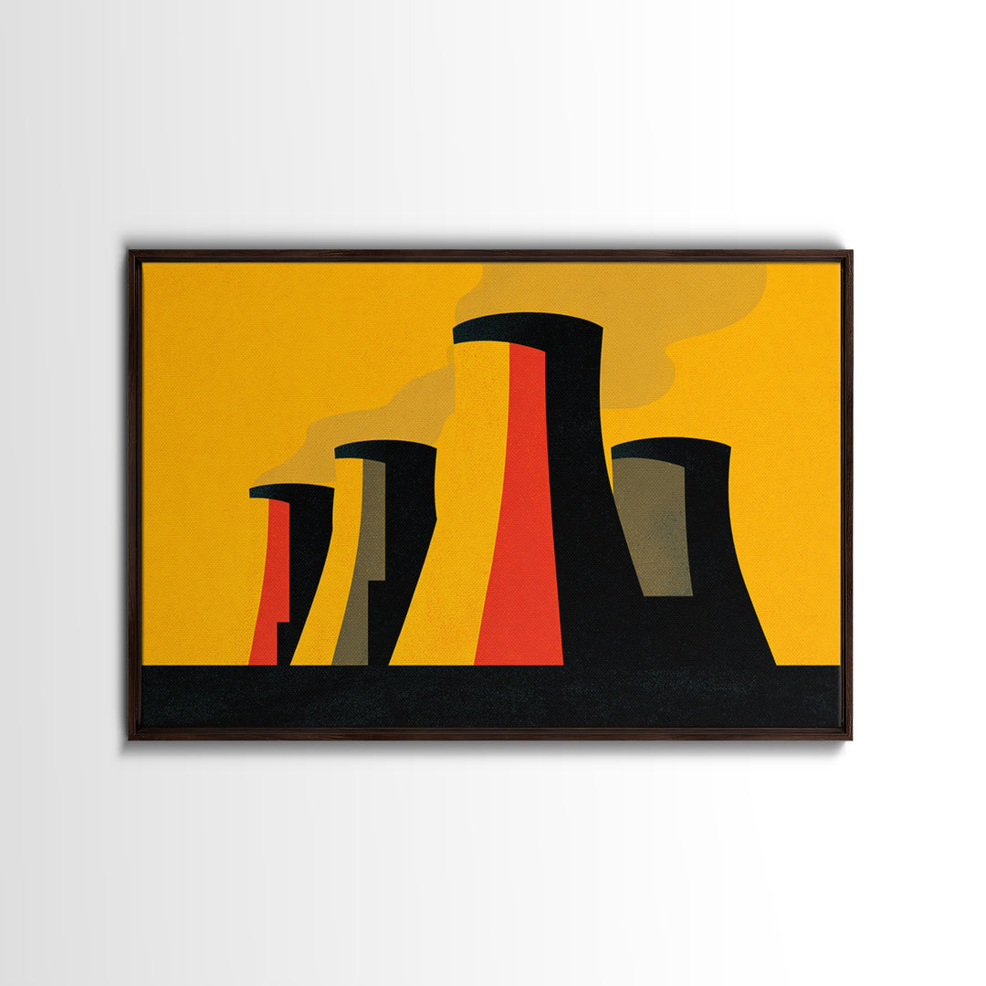Graphic Cooling Towers At Sunset Wall Art, Midcentury Modern Art, Atomic Retro Poster, Orange Industrial Modern Wall Decor