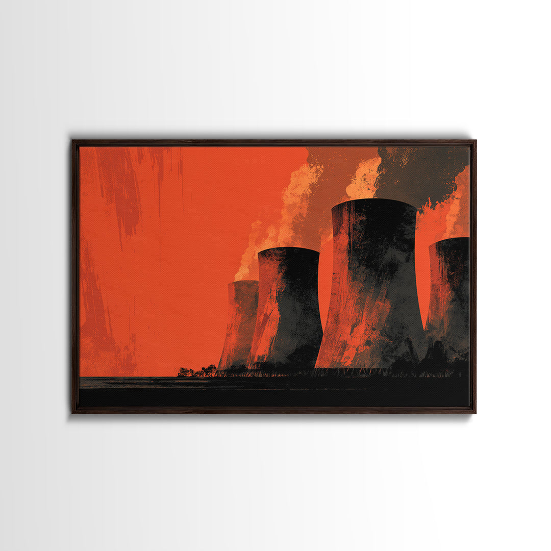Smoky Cooling Towers In Orange Haze Framed Canvas Print, Midcentury Modern Art, Retro Wall Art, Moody Industrial Home Decor