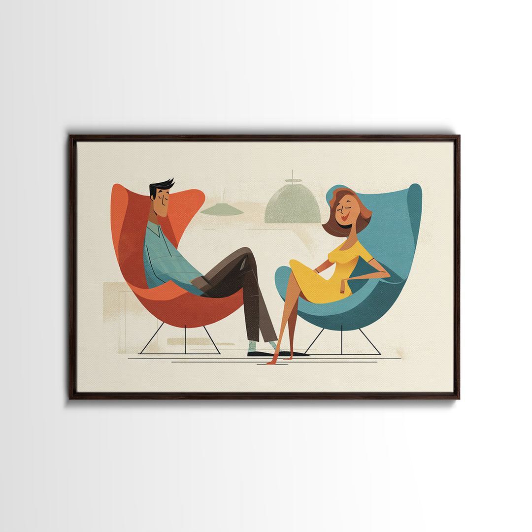 Stylish Couple In Egg Chairs Canvas Print, Midcentury Modern Art, Retro Wall Art, Atomic Lounge Decor, Colorful Home Print