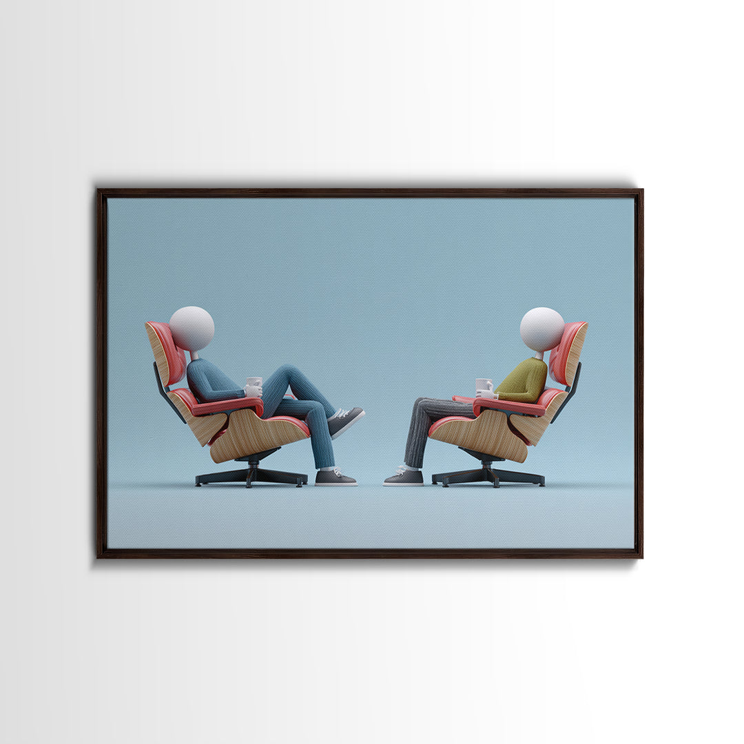 Faceless Figures In Retro Lounge Chairs Framed Canvas Print, Midcentury Modern Art, Minimalist Wall Art, Blue Office Decor