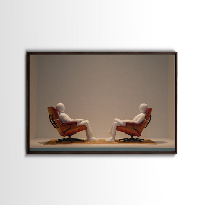 Minimal Figures Facing In Lounge Chairs Canvas Print, Midcentury Modern Art, Retro Wall Art, Neutral Modern Home Decor Print
