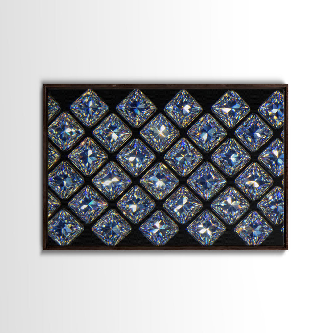 Blue Square Diamond Grid Canvas Print, Sparkling Geometric Wall Art, Modern Glam Decor, Black Luxury Poster, Gift For Her
