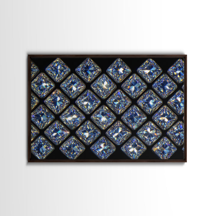 Blue Square Diamond Grid Canvas Print, Sparkling Geometric Wall Art, Modern Glam Decor, Black Luxury Poster, Gift For Her