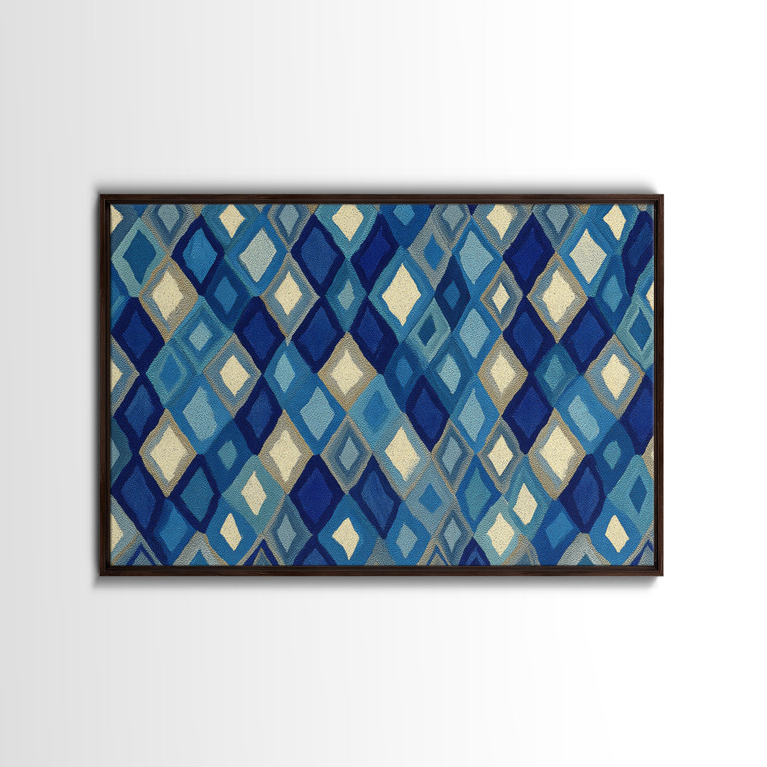 Blue Diamond Textile Pattern Wall Art, Geometric Modern Decor, Scandinavian Canvas Print, Coastal Abstract Poster For Home