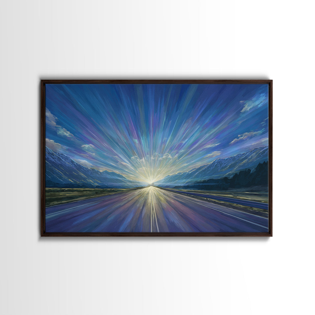 Mountain Sunrise Road Light Wall Art, Modern Landscape Print, Blue Scenic Office Decor, Contemporary Nature Home Decor Gift